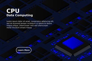 Yüksek teknolojili elektronik PCB işlemci, mikroçip ve parlayan dijital elektronik sinyalli devre kartı. Entegre devredeki işlemci. Enerji hatları neon. 3d illüstrasyon