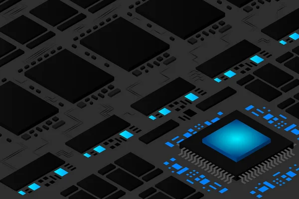 High Tech Elektronische Printplaat Printplaat Met Processor Microchips Gloeiende Digitale — Stockvector