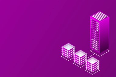 Ana bilgisayar, güçlü sunucu, yüksek teknoloji konsepti, veri merkezi, bulut veri depolama izometrik vektör illüstrasyon ultraviyole arka plan