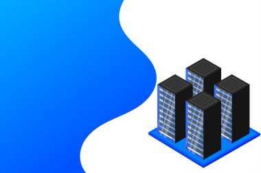 Sunucu odası izometrik, bulut depolama verisi, veri merkezi, büyük veri işleme ve bilgisayar teknolojisi. Vektör illüstrasyonu