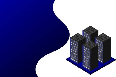 Sunucu odası izometrik, bulut depolama verisi, veri merkezi, büyük veri işleme ve bilgisayar teknolojisi. Vektör illüstrasyonu