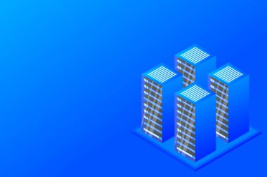 Sunucu odası izometrik, bulut depolama verisi, veri merkezi, büyük veri işleme ve bilgisayar teknolojisi. Vektör illüstrasyonu