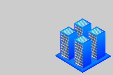 Sunucu odası izometrik, bulut depolama verisi, veri merkezi, büyük veri işleme ve bilgisayar teknolojisi. Vektör illüstrasyonu
