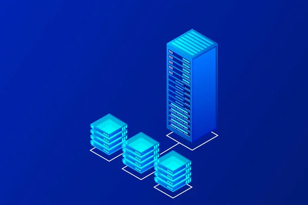 Huvuddator Powered Server Högteknologi Koncept Datacenter Moln Datalagring Isometrisk Vektor — Stock vektor
