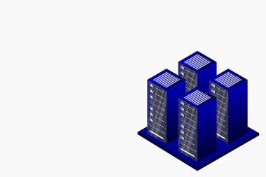 Sunucu odası izometrik, bulut depolama verisi, veri merkezi, büyük veri işleme ve bilgisayar teknolojisi. Vektör illüstrasyonu