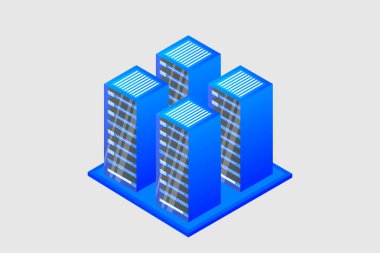 Sunucu odası izometrik, bulut depolama verisi, veri merkezi, büyük veri işleme ve bilgisayar teknolojisi. Vektör illüstrasyonu