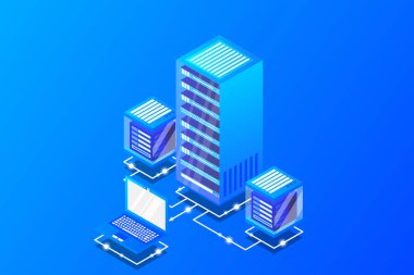 Ana bilgisayar, güçlü sunucu, yüksek teknoloji konsepti, veri merkezi, bulut veri depolama izometrik vektör illüstrasyon ultraviyole arka plan