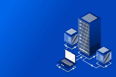 Ana bilgisayar, güçlü sunucu, yüksek teknoloji konsepti, veri merkezi, bulut veri depolama izometrik vektör illüstrasyon ultraviyole arka plan