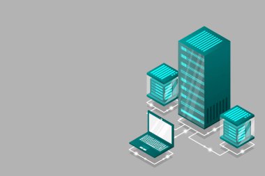 Ana bilgisayar, güçlü sunucu, yüksek teknoloji konsepti, veri merkezi, bulut veri depolama izometrik vektör illüstrasyon ultraviyole arka plan