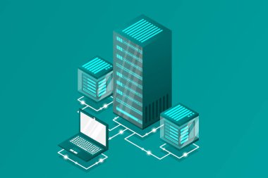 Ana bilgisayar, güçlü sunucu, yüksek teknoloji konsepti, veri merkezi, bulut veri depolama izometrik vektör illüstrasyon ultraviyole arka plan