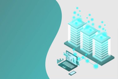 Ana bilgisayar, güçlü sunucu, yüksek teknoloji konsepti, veri merkezi, bulut veri depolama izometrik vektör illüstrasyon ultraviyole arka plan