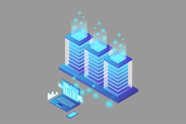 Ana bilgisayar, güçlü sunucu, yüksek teknoloji konsepti, veri merkezi, bulut veri depolama izometrik vektör illüstrasyon ultraviyole arka plan