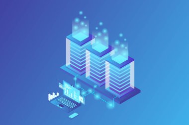 Ana bilgisayar, güçlü sunucu, yüksek teknoloji konsepti, veri merkezi, bulut veri depolama izometrik vektör illüstrasyon ultraviyole arka plan