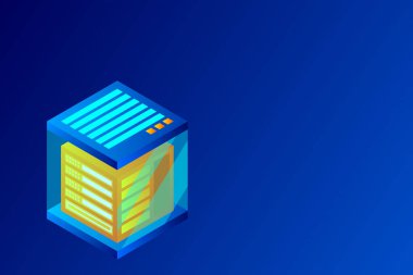 Ana bilgisayar, güçlü sunucu, yüksek teknoloji konsepti, veri merkezi, bulut veri depolama izometrik vektör illüstrasyon ultraviyole arka plan