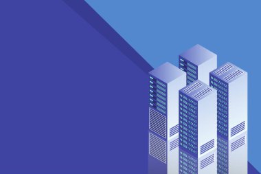 Sunucu odası izometrik, bulut depolama verisi, veri merkezi, büyük veri işleme ve bilgisayar teknolojisi. Vektör illüstrasyonu