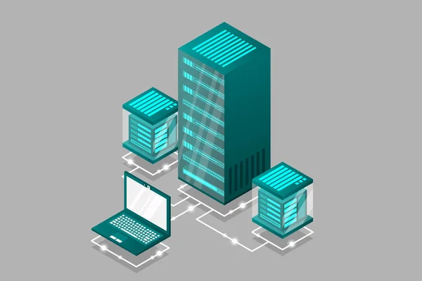 Mainframe Powered Server High Technology Concept Adatközpont Felhő Adattárolás Izometrikus — Stock Vector
