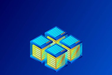 Veri merkezi, sunucu odası. Bulut depolama, veri transferi ve veri işleme kavramı.