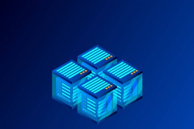 Veri merkezi, sunucu odası. Bulut depolama, veri transferi ve veri işleme kavramı.