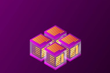 Veri merkezi, sunucu odası. Bulut depolama, veri transferi ve veri işleme kavramı.