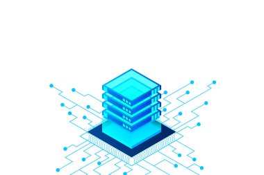 Isometric Dijital Teknoloji Web Afişi. Büyük Veritabanı Öğrenme Algoritması. Analiz ve Bilgi. Büyük Veri Erişim Depolama Bilgi Yönetimi ve Analizi.