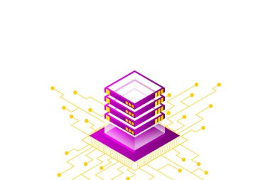 Isometric Dijital Teknoloji Web Afişi. Büyük Veritabanı Öğrenme Algoritması. Analiz ve Bilgi. Büyük Veri Erişim Depolama Bilgi Yönetimi ve Analizi.