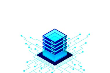 Isometric Dijital Teknoloji Web Afişi. Büyük Veritabanı Öğrenme Algoritması. Analiz ve Bilgi. Büyük Veri Erişim Depolama Bilgi Yönetimi ve Analizi.