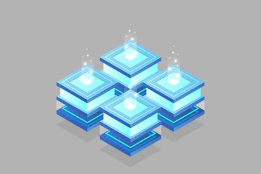 Veri merkezi, sunucu odası. Bulut depolama, veri transferi ve veri işleme kavramı.