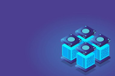 Isometric Dijital Teknoloji Web Afişi. Büyük Veritabanı Öğrenme Algoritması. Analiz ve Bilgi. Büyük Veri Erişim Depolama Bilgi Yönetimi ve Analizi.