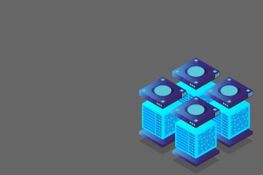 Isometric Dijital Teknoloji Web Afişi. Büyük Veritabanı Öğrenme Algoritması. Analiz ve Bilgi. Büyük Veri Erişim Depolama Bilgi Yönetimi ve Analizi.