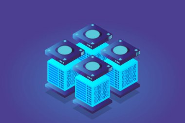 Isometric Dijital Teknoloji Web Afişi. Büyük Veritabanı Öğrenme Algoritması. Analiz ve Bilgi. Büyük Veri Erişim Depolama Bilgi Yönetimi ve Analizi.