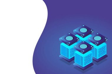 Isometric Dijital Teknoloji Web Afişi. Büyük Veritabanı Öğrenme Algoritması. Analiz ve Bilgi. Büyük Veri Erişim Depolama Bilgi Yönetimi ve Analizi.