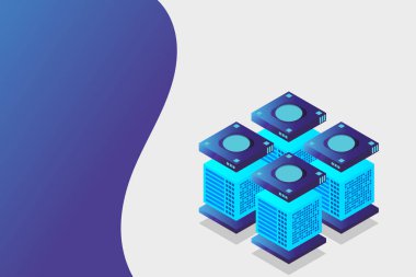 Isometric Dijital Teknoloji Web Afişi. Büyük Veritabanı Öğrenme Algoritması. Analiz ve Bilgi. Büyük Veri Erişim Depolama Bilgi Yönetimi ve Analizi.