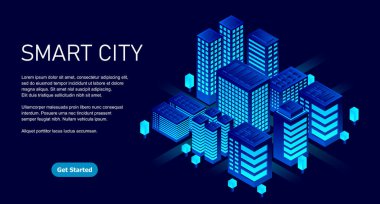 Geleceği parlak bir şehir. Isome akıllı şehir illüstrasyonu. Akıllı binalar. Gökdelenleri ve akıllı binaları olan iş merkezi