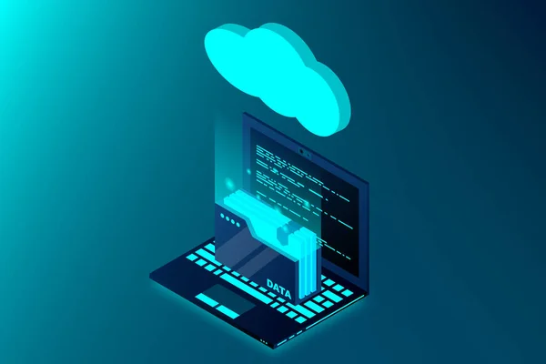 Concepto Computación Nube Tecnología Nube Isométrica Con Datos Carpetas Laptop — Vector de stock