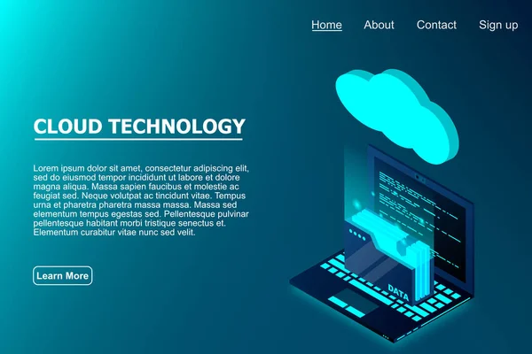 Cloud Technologie Computing Concept Isometrische Cloud Technologie Met Mappengegevens Laptop — Stockvector