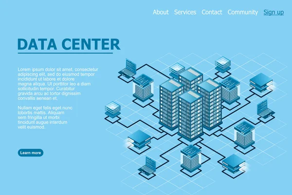 Konzept Des Datennetzmanagements Vektor Isometrische Karte Mit Business Netzwerk Servern — Stockvektor