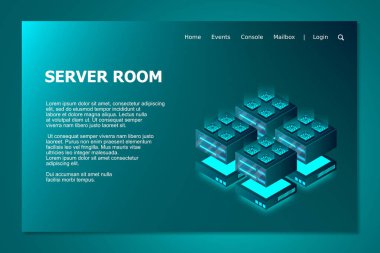 Sunucu odası izometrik, ana bilgisayar, güçlü sunucu, yüksek teknoloji konsepti, veri merkezi, büyük veri işleme ve bilgisayar teknolojisi. Vektör illüstrasyonu