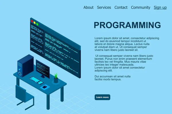 Programozás Vagy Szoftverfejlesztés Weboldal Sablonja Vektor Illusztráció Laptop Izometrikus Nézet — Stock Vector
