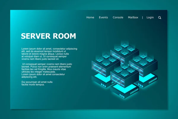 Szerver Terem Izometrikus Mainframe Powered Server High Technology Concept Adatközpont — Stock Vector