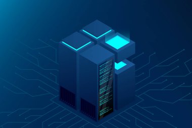 Isometric Veri Merkezi. Veri merkezi iniş sayfası. Isometric sunucu vektör tasarımı. Vektör illüstrasyonu