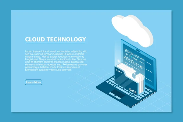 Tecnología Nube Isométrica Con Datos Carpetas Laptop Concepto Computación Nube — Vector de stock