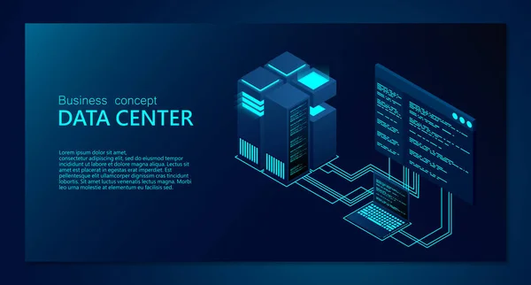 Büyük veri işleme merkezi kavramı. Isometric Veri Merkezi. Isometric sunucu vektör tasarımı. Veri merkezi. Sunucu ya da veri merkezi oda konsepti. vektör illüstrasyonu