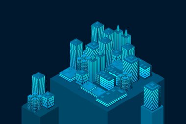 Gökdelenleri olan fütüristik bir kasaba. İş ve yaşam için akıllı şehir teknolojisi. Akıllı binalar. Gökdelenli iş merkezi. Akıllı şehir izometrik illüstrasyonu