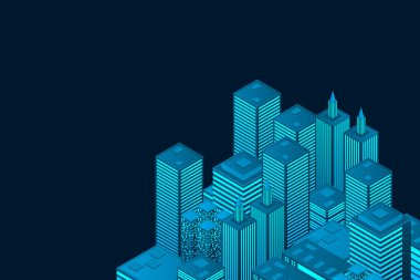 Gökdelenleri olan fütüristik bir kasaba. İş ve yaşam için akıllı şehir teknolojisi. Akıllı binalar. Gökdelenli iş merkezi. Akıllı şehir izometrik illüstrasyonu