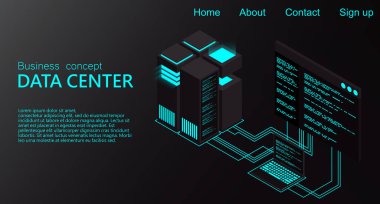 Isometric Veri Merkezi. 3D izometrik konsept sunuculu büyük veri merkezi. Sunucu rafı odasının yaratıcı vektör çizimi. Yüksek teknoloji vektör illüstrasyonu.