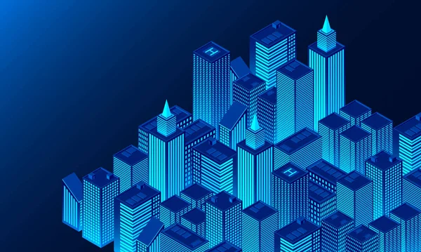 Smart Stadsteknik För Företag Och Liv Affärscentrum Med Skyskrapor Isometrisk — Stock vektor