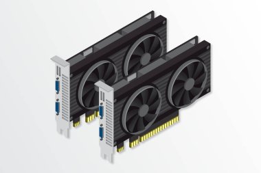3D izometrik video kartı. Şifreli para ya da oyun oynamak için video grafikleri kartı. Kişisel bilgisayar donanımı parçaları. GPU Grafik Kart Çizimi