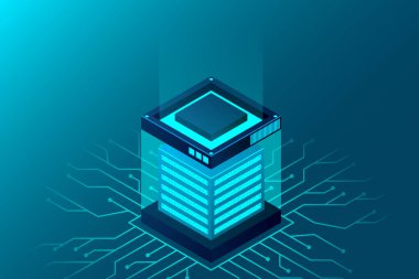 Isometric Veri Merkezi iniş sayfası. Isometric sunucu vektör tasarımı. Atılgan çözümlere ev sahipliği yapıyor. Büyük modern veri merkezi, sunucu odası, bulut veri depolama servisi