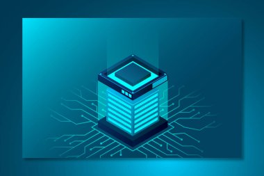 Isometric Veri Merkezi iniş sayfası. Isometric sunucu vektör tasarımı. Atılgan çözümlere ev sahipliği yapıyor. Büyük modern veri merkezi, sunucu odası, bulut veri depolama servisi