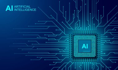 Yapay zeka web pankartı. İşlemci çipinin 3 boyutlu izometrik çizimi. Veri işleme süreci. Modern teknolojilerdeki gelişmeler. Neon parlayan fütüristik arkaplan üzerindeki mikro devreler